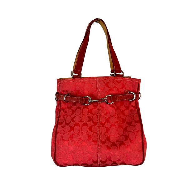 Coach LTD Signature C Belted Canvas Purse Satchel Carryall Tote Bag Red Tan - Picture 11 of 14